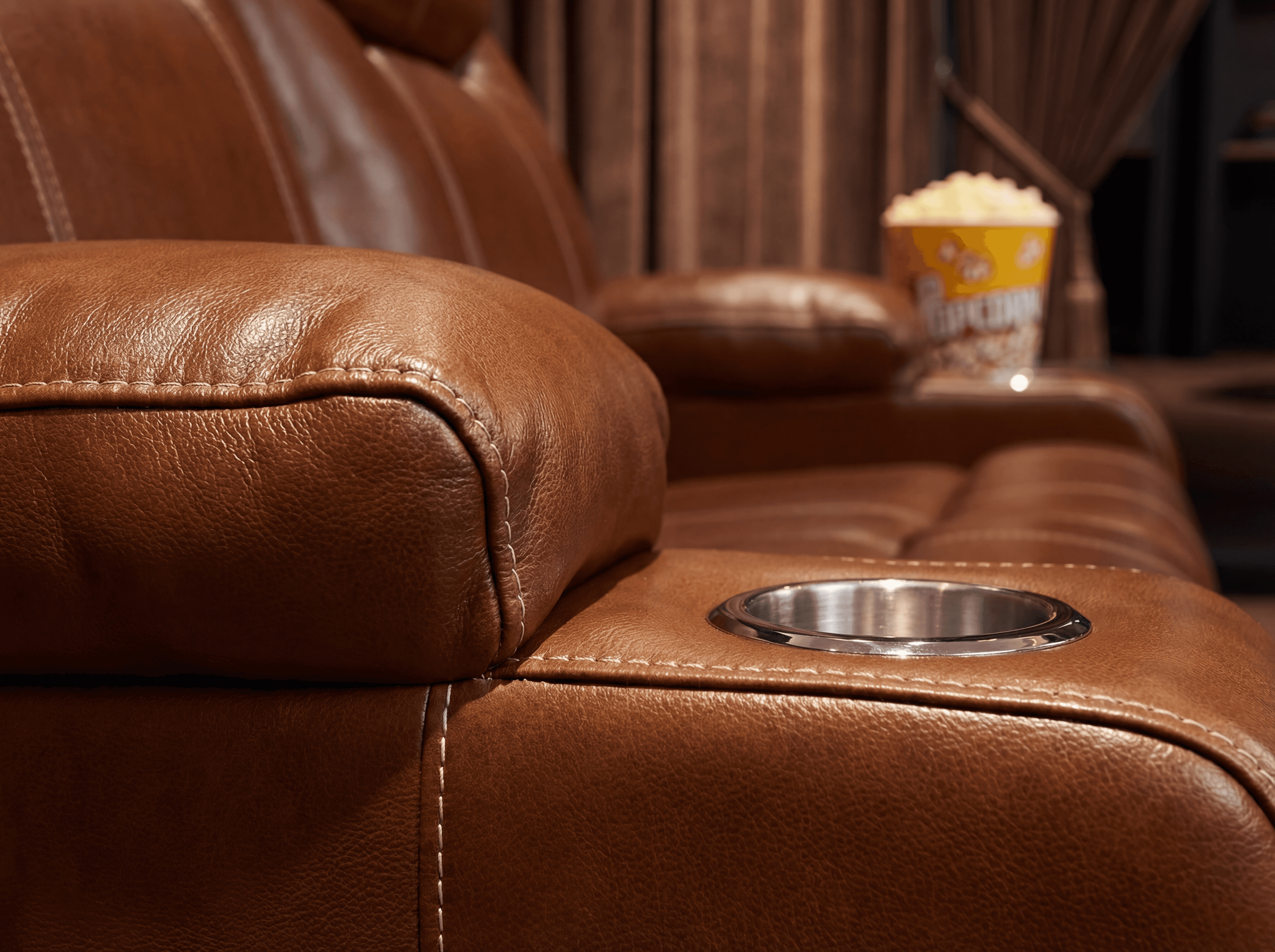 Cinema Electric 2 Seater Leather Recliner Sofa With Two Cup Holders detail shot