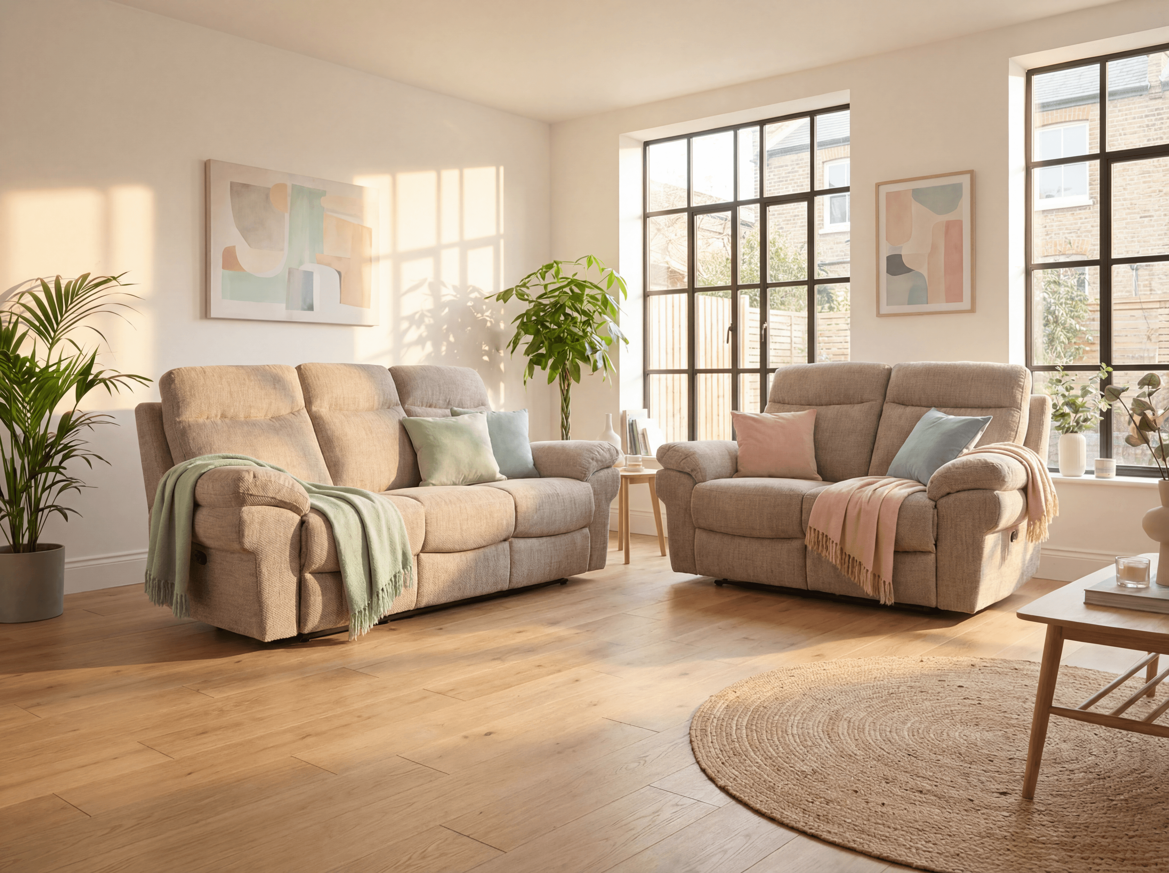 Tanya Fabric Electric Recliner 3+2 Seater Sofa Set in a modern setting